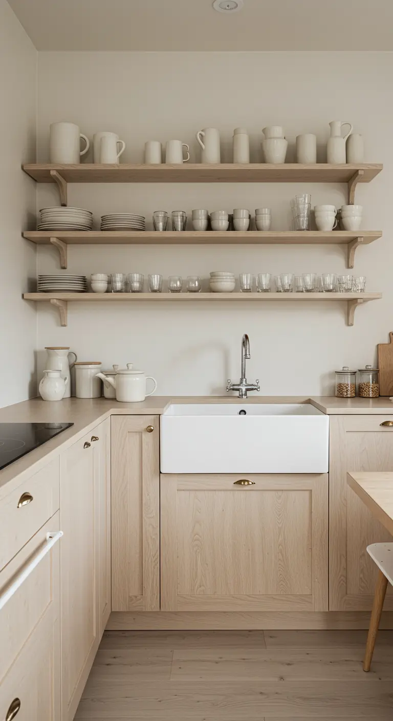 Cocina de estilo escandinavo con estanterías de madera clara, armarios a juego y vajilla blanca
