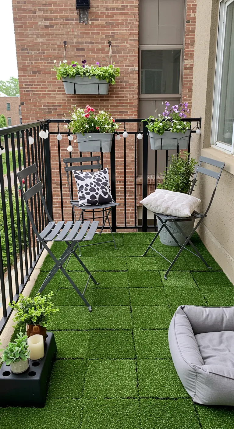 Balcón pequeño con suelo de losetas de césped artificial y sillas plegables de metal