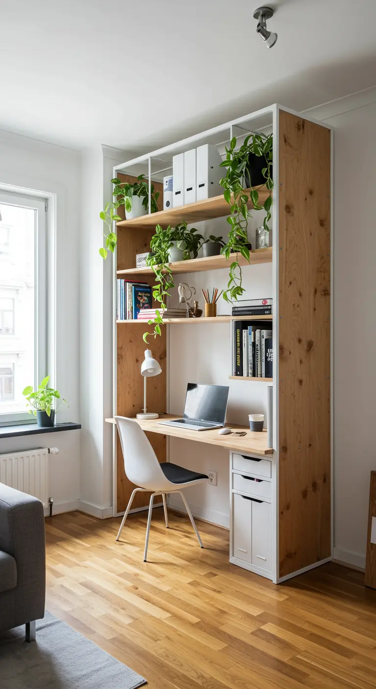 Mueble de oficina vertical alto que combina estanterías, escritorio y cajones en una sola pieza.