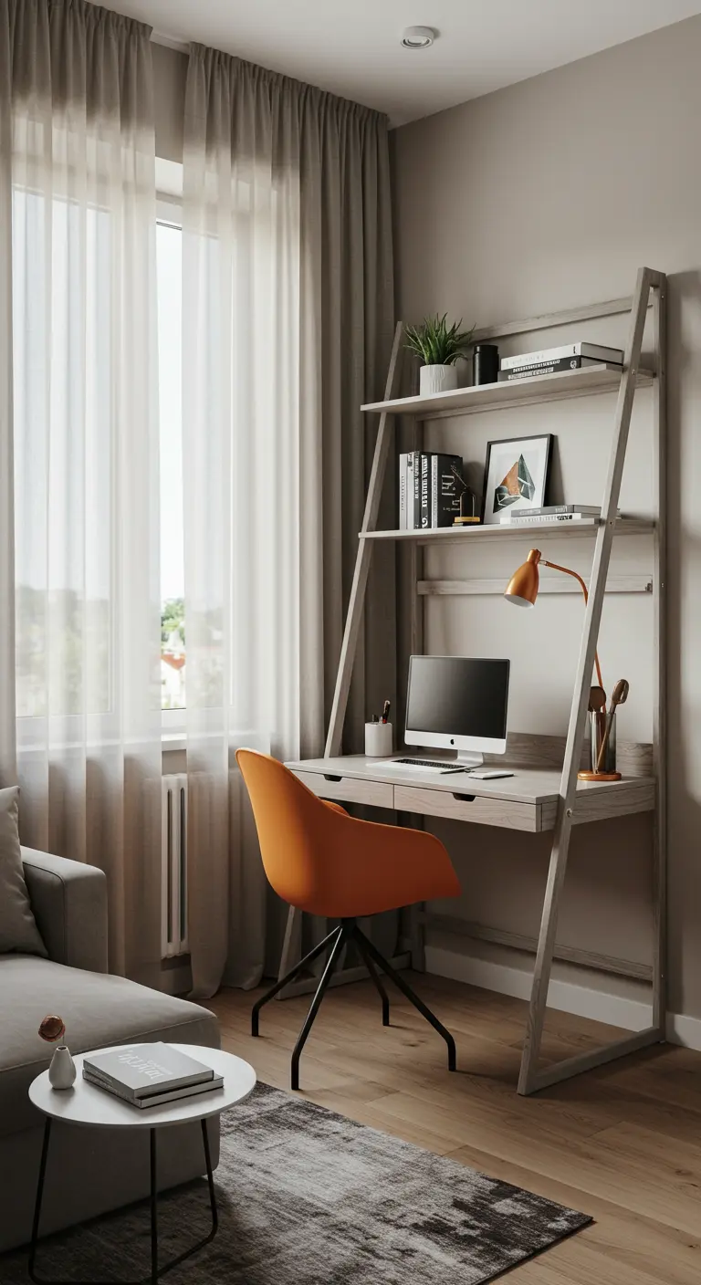 Escritorio tipo escalera en una sala de estar, con una silla naranja y decoración minimalista.