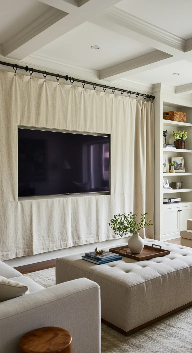 Cortinas de lino color crudo colgadas en una barra para ocultar un televisor en la pared.