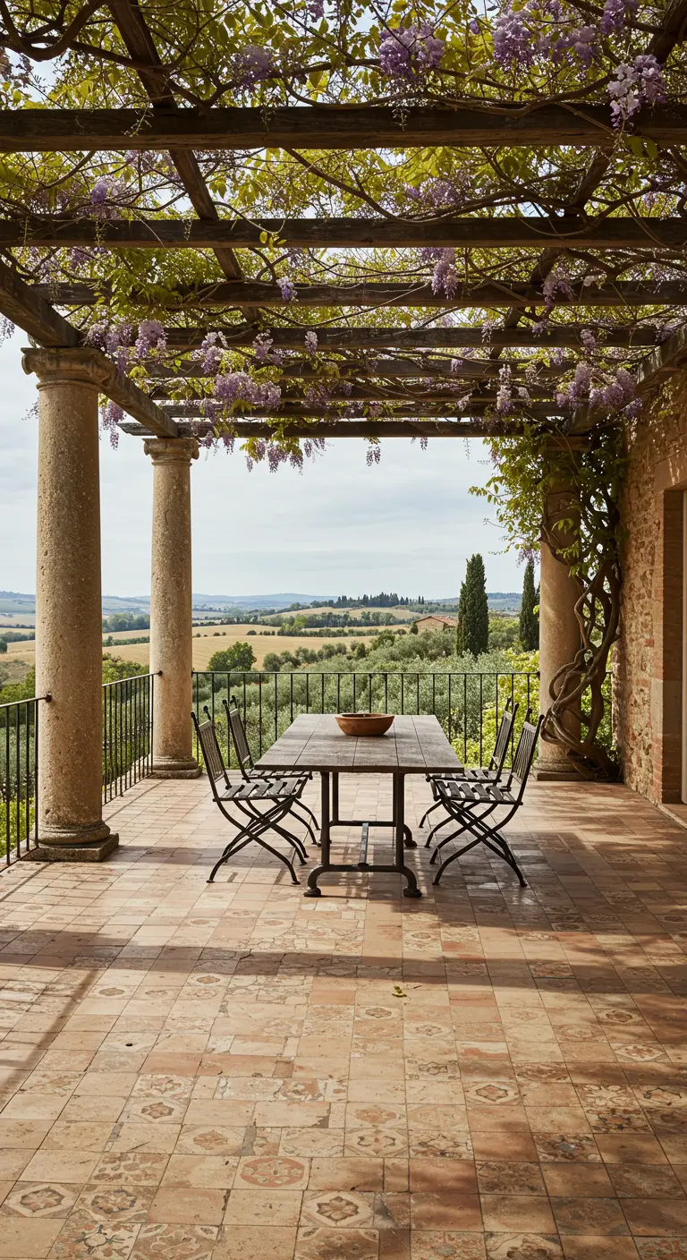 Terraza estilo toscano con pérgola de columnas de piedra y vistas a un paisaje rural.