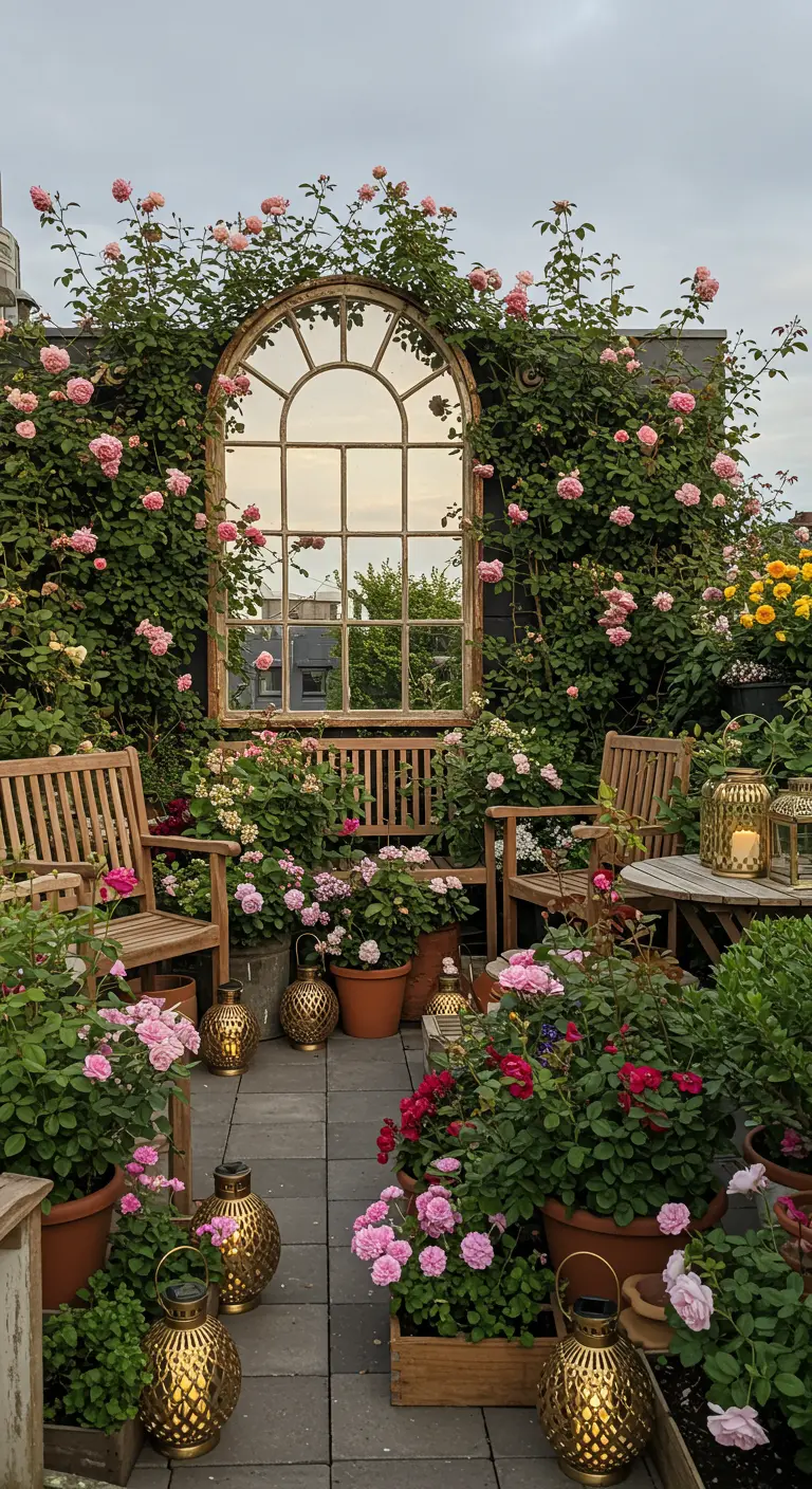 Espejo en forma de ventana de arco rodeado de rosales en una terraza.