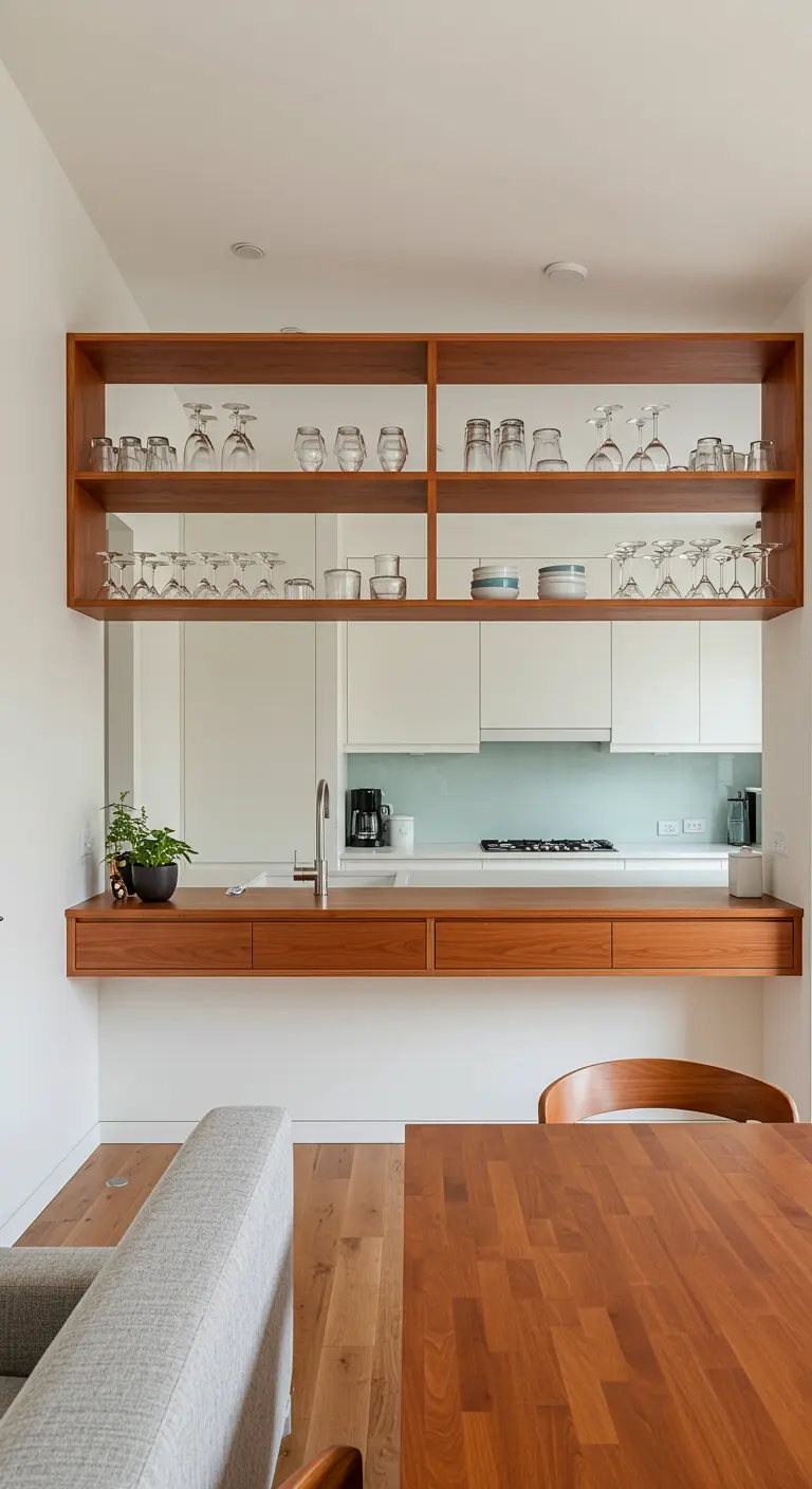 Estantería de madera de teca abierta que conecta una cocina con el comedor, llena de copas de vino