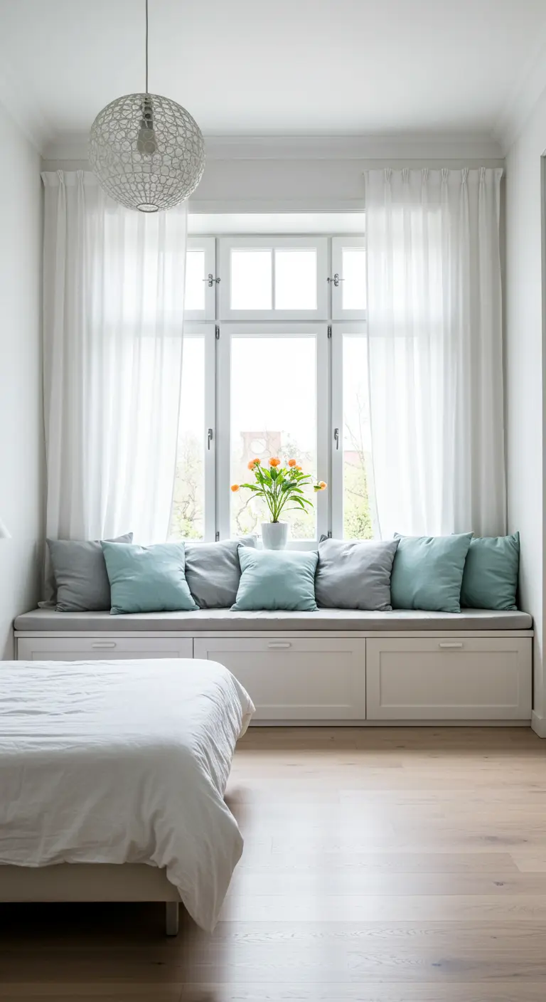 Banco blanco bajo una gran ventana con cojines azules y verdes en un dormitorio luminoso