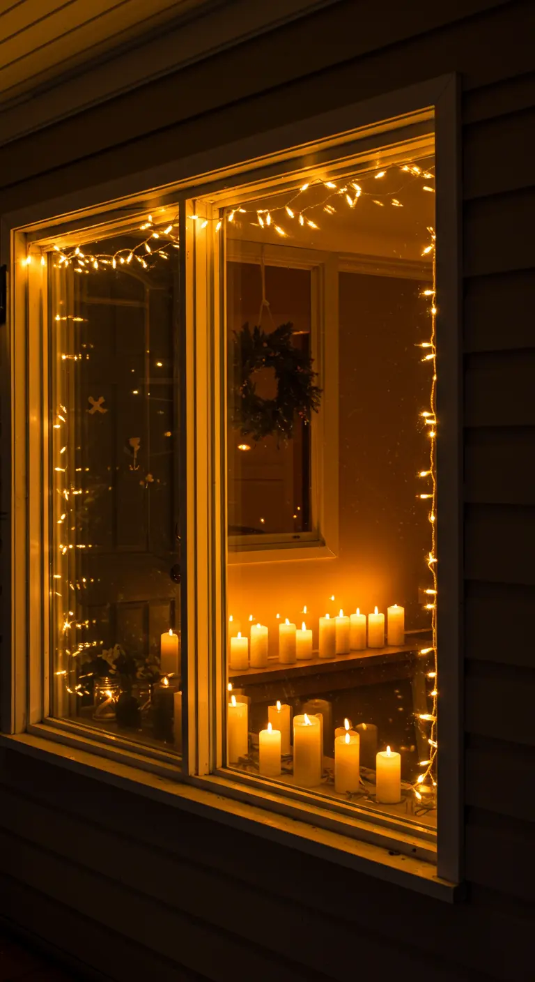 Vista desde el exterior de una ventana enmarcada con luces y con velas en el alféizar.