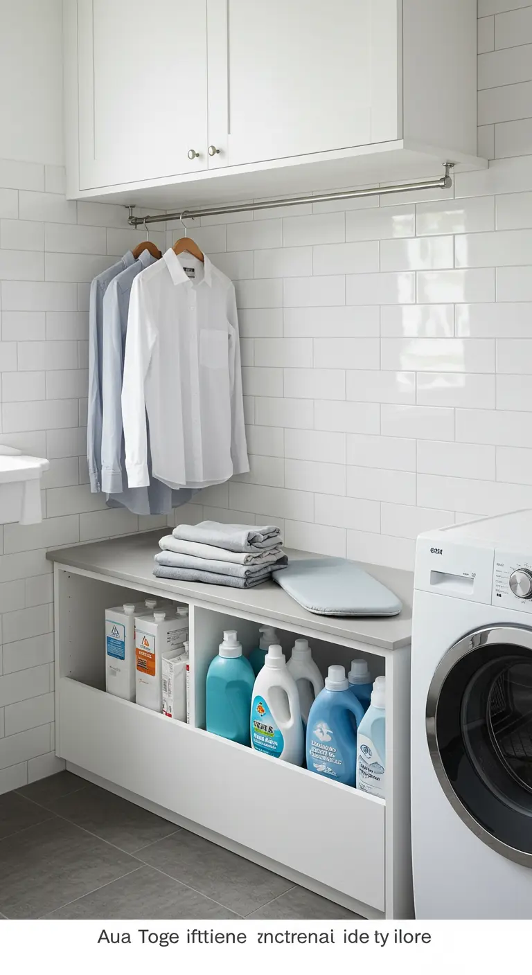 Banco blanco en un lavadero con un cajón extraíble que guarda los productos de limpieza.