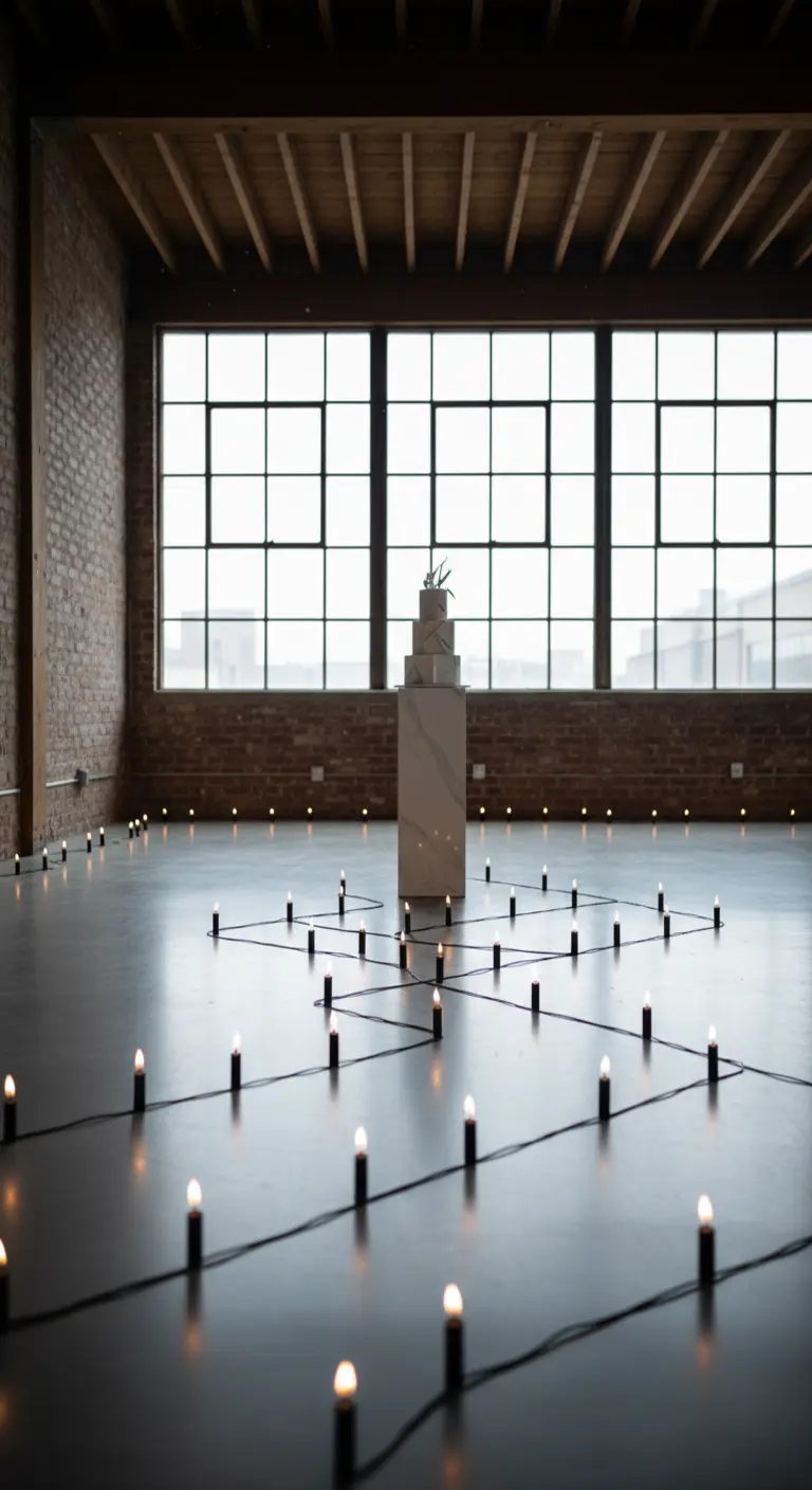 Un patrón geométrico de luces en el suelo de un loft industrial, con un pastel en el centro.