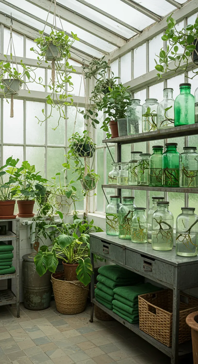 Baño tipo invernadero con estanterías metálicas llenas de plantas y frascos con esquejes