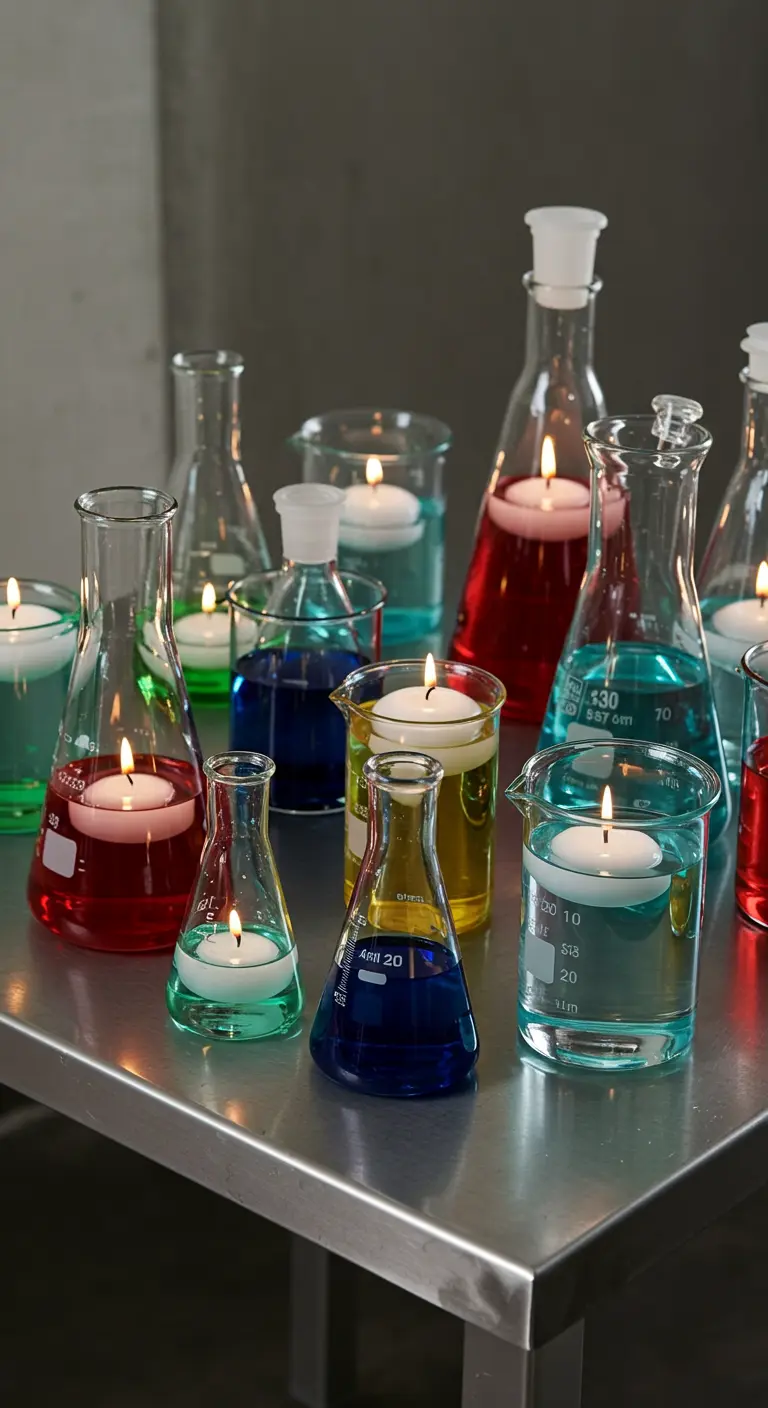 Vasos de precipitados y matraces de laboratorio llenos de agua de colores y velas flotantes.