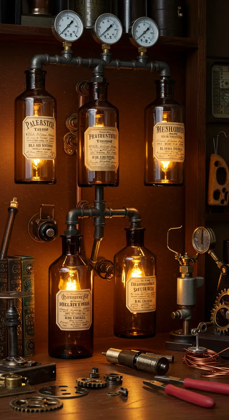 Lámpara de pared steampunk con botellas de farmacia, tuberías y manómetros.