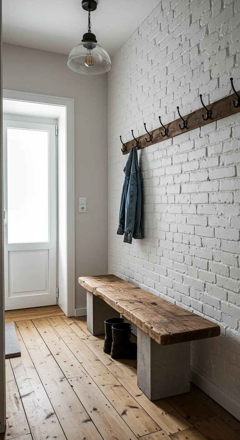 Entrada con pared de ladrillo blanco, banco de madera rústica y un perchero industrial.