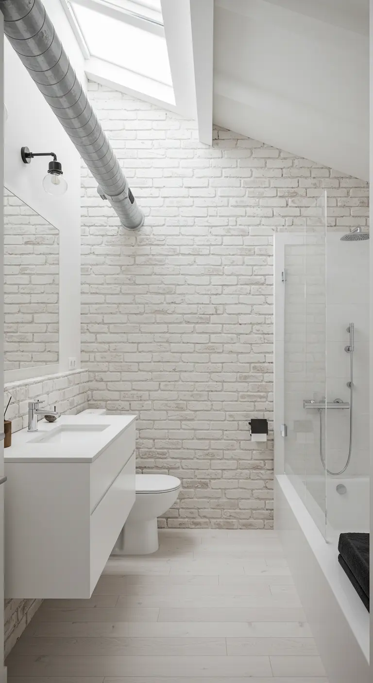 Baño abuhardillado con una pared de ladrillo pintado de blanco y mobiliario moderno.