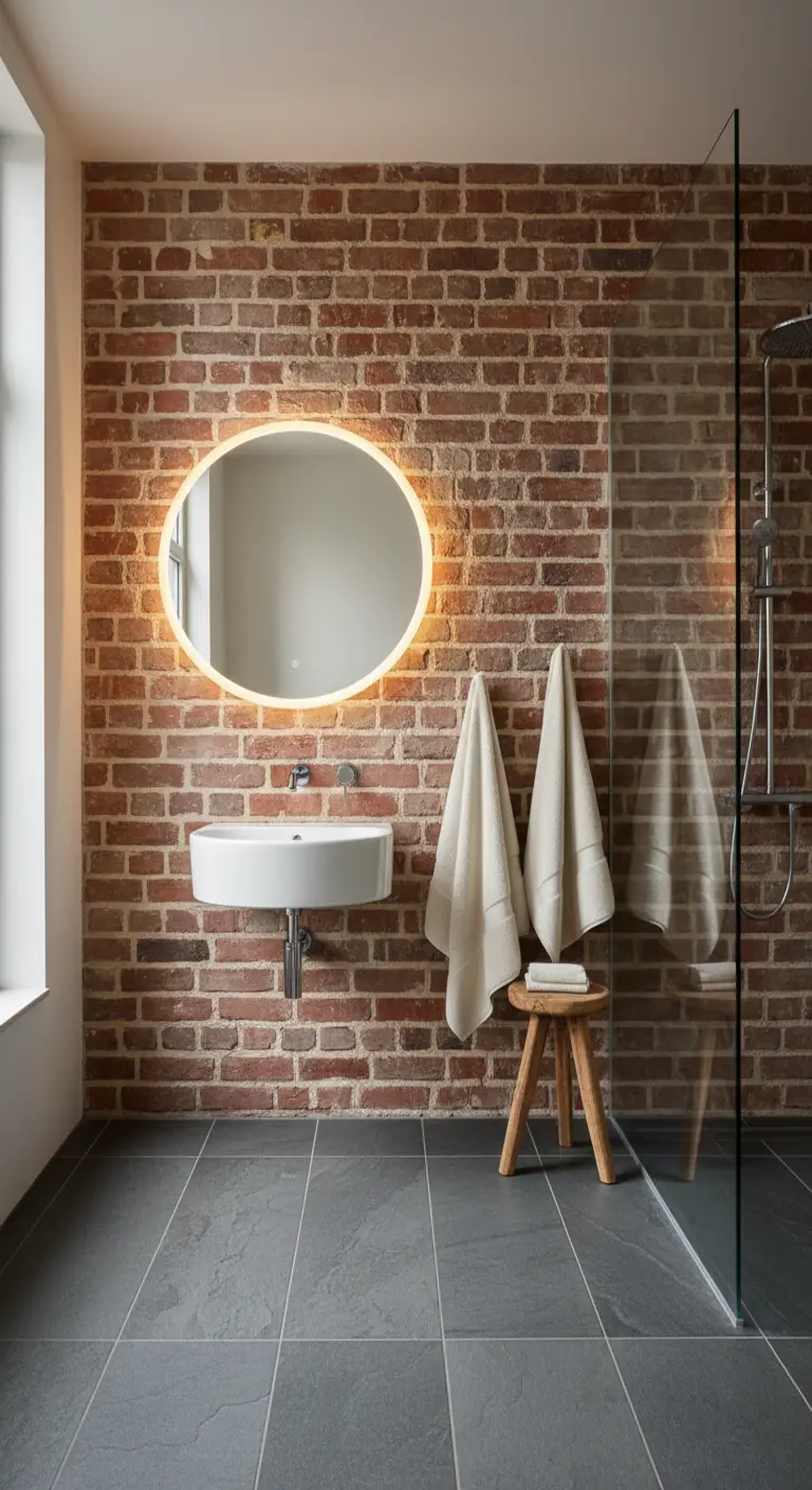 Pared de ladrillo en un baño con un espejo ovalado retroiluminado y un taburete de madera.