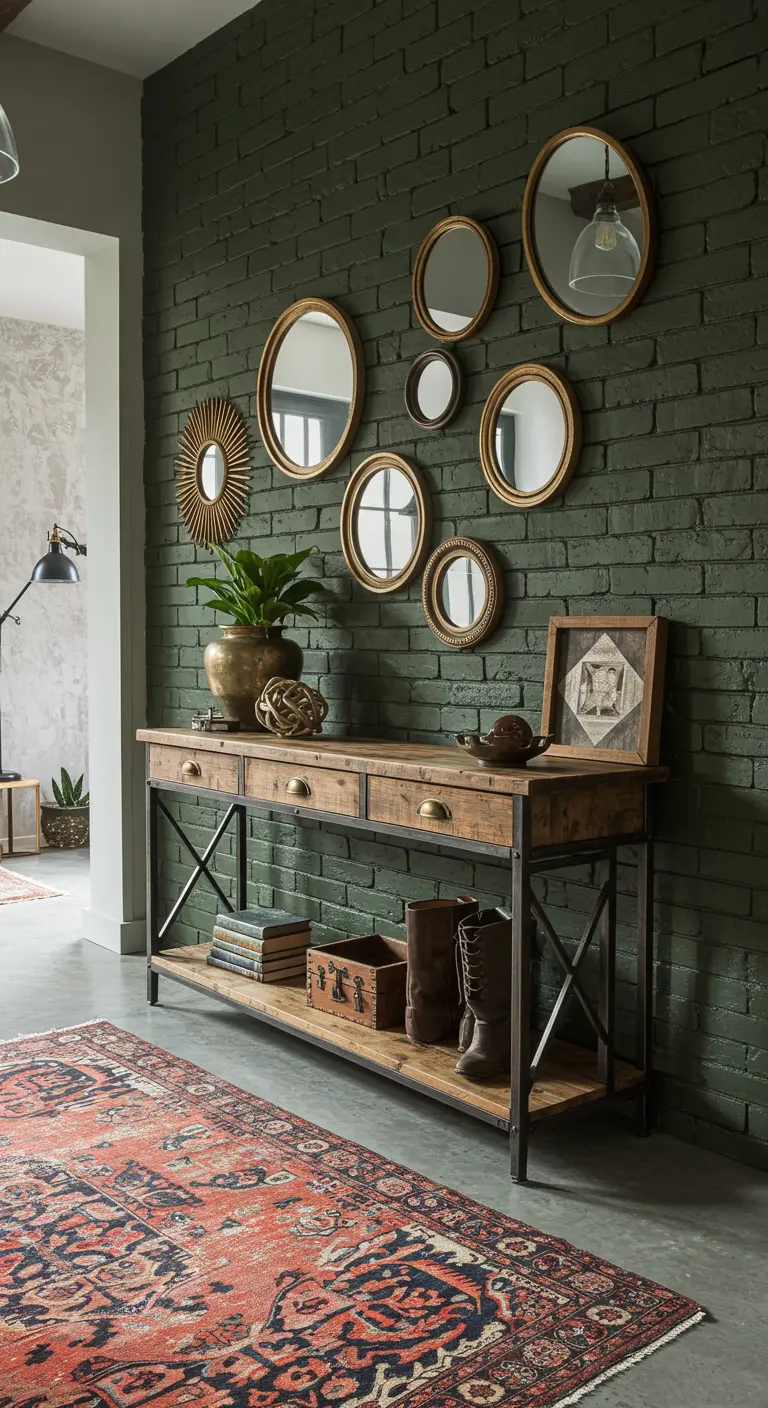 Entrada industrial con pared de ladrillo verde olivo y espejos redondos dorados.