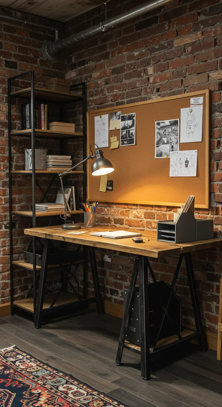 Rincón de oficina industrial con pared de ladrillo, escritorio de madera y tablero de corcho.