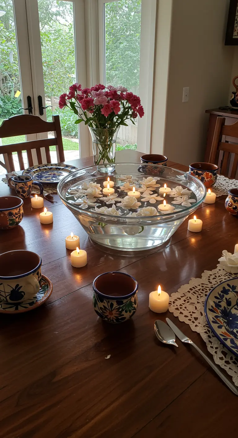Centro de mesa con un gran cuenco de cristal con agua, pétalos y velas flotantes.