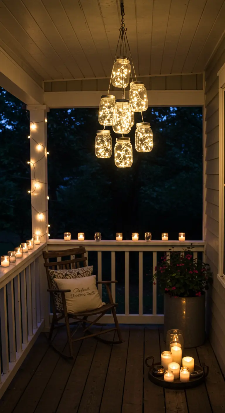 Porche con una lámpara de araña hecha de tarros de cristal iluminados y velas en la barandilla.