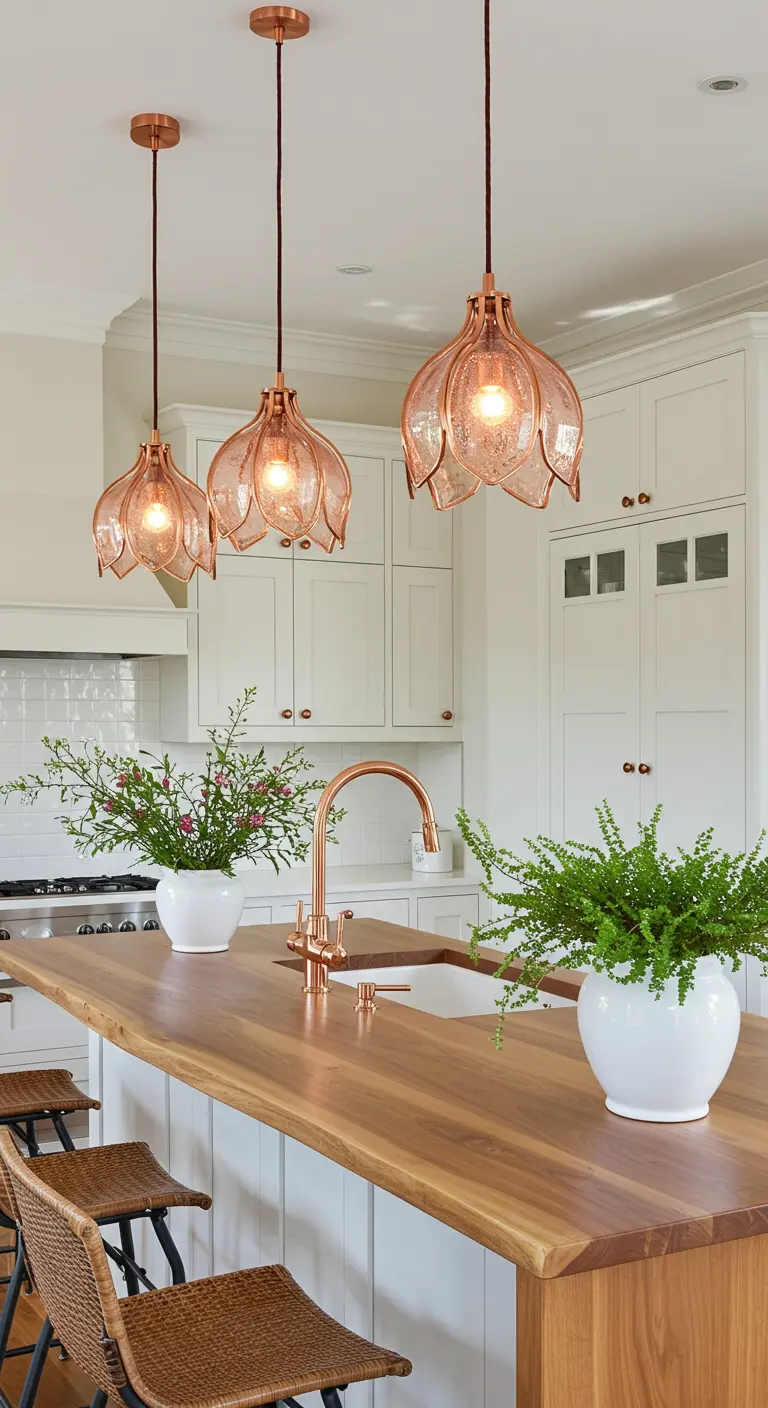 Lámparas colgantes de cristal en forma de flor con detalles de cobre sobre una isla de madera