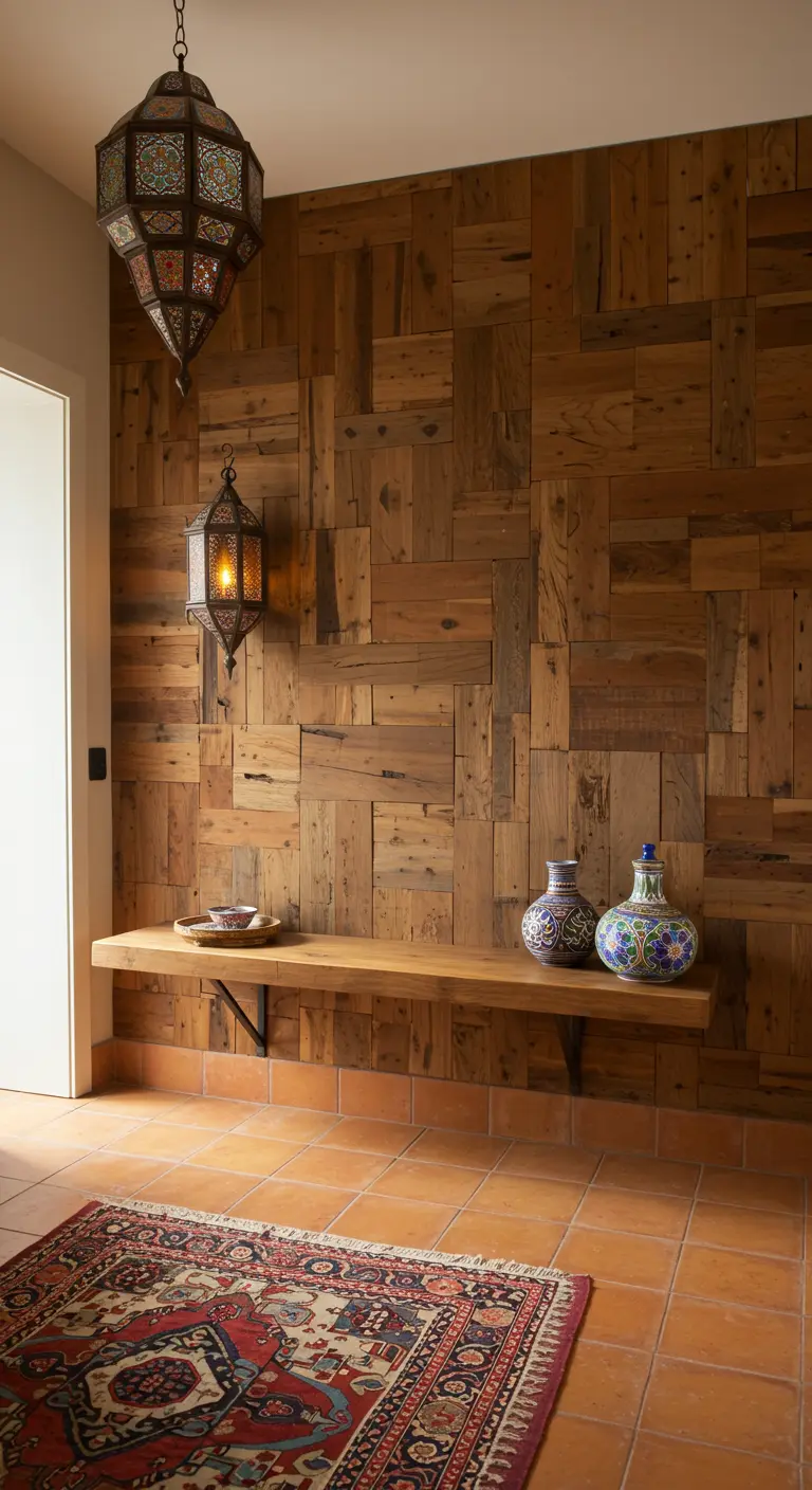 Pared de acento en recibidor hecha con un mosaico de maderas recicladas y un banco flotante