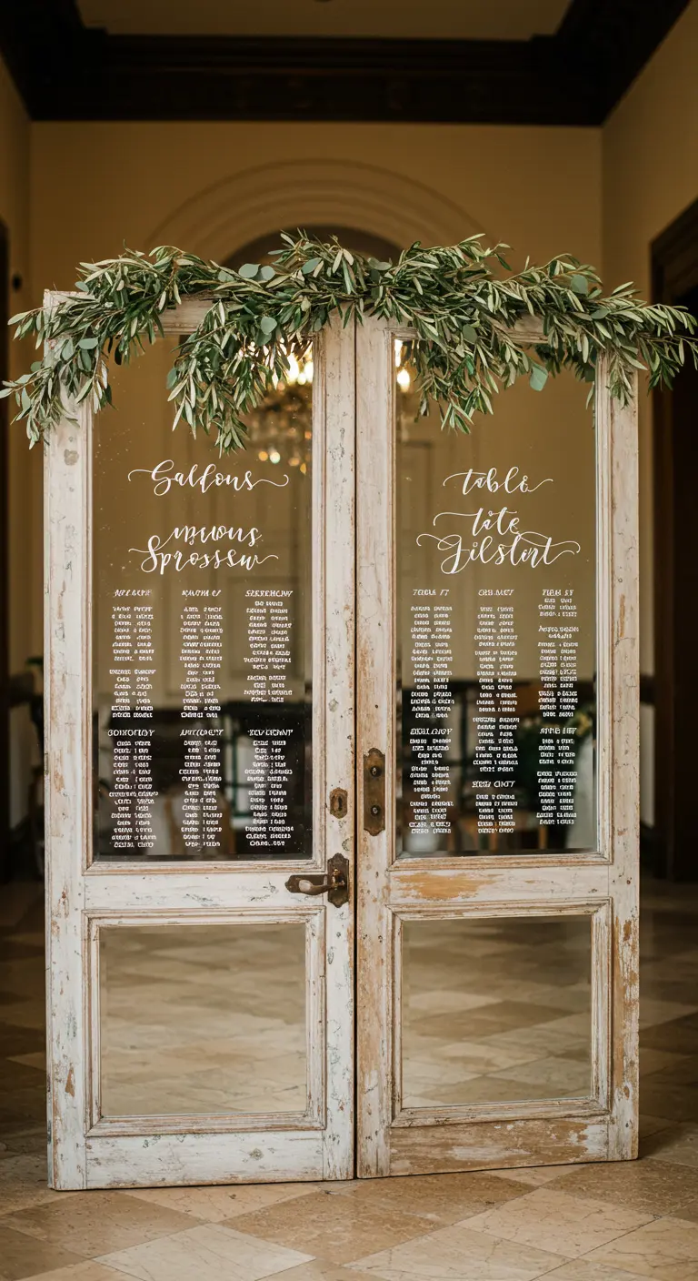 Un par de puertas blancas antiguas con espejos que se usan como seating plan.