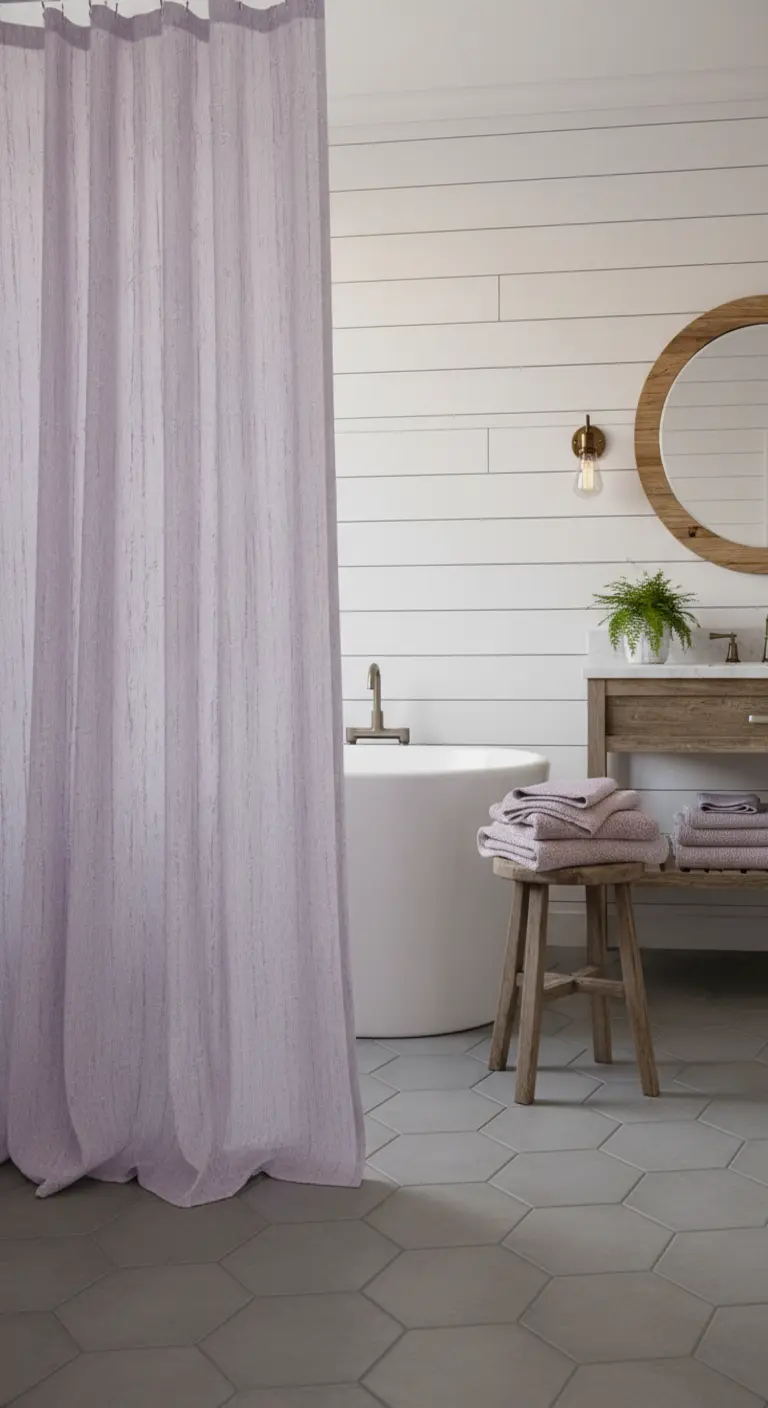 Baño con cortina de ducha lavanda, paredes de madera blanca y un taburete rústico.