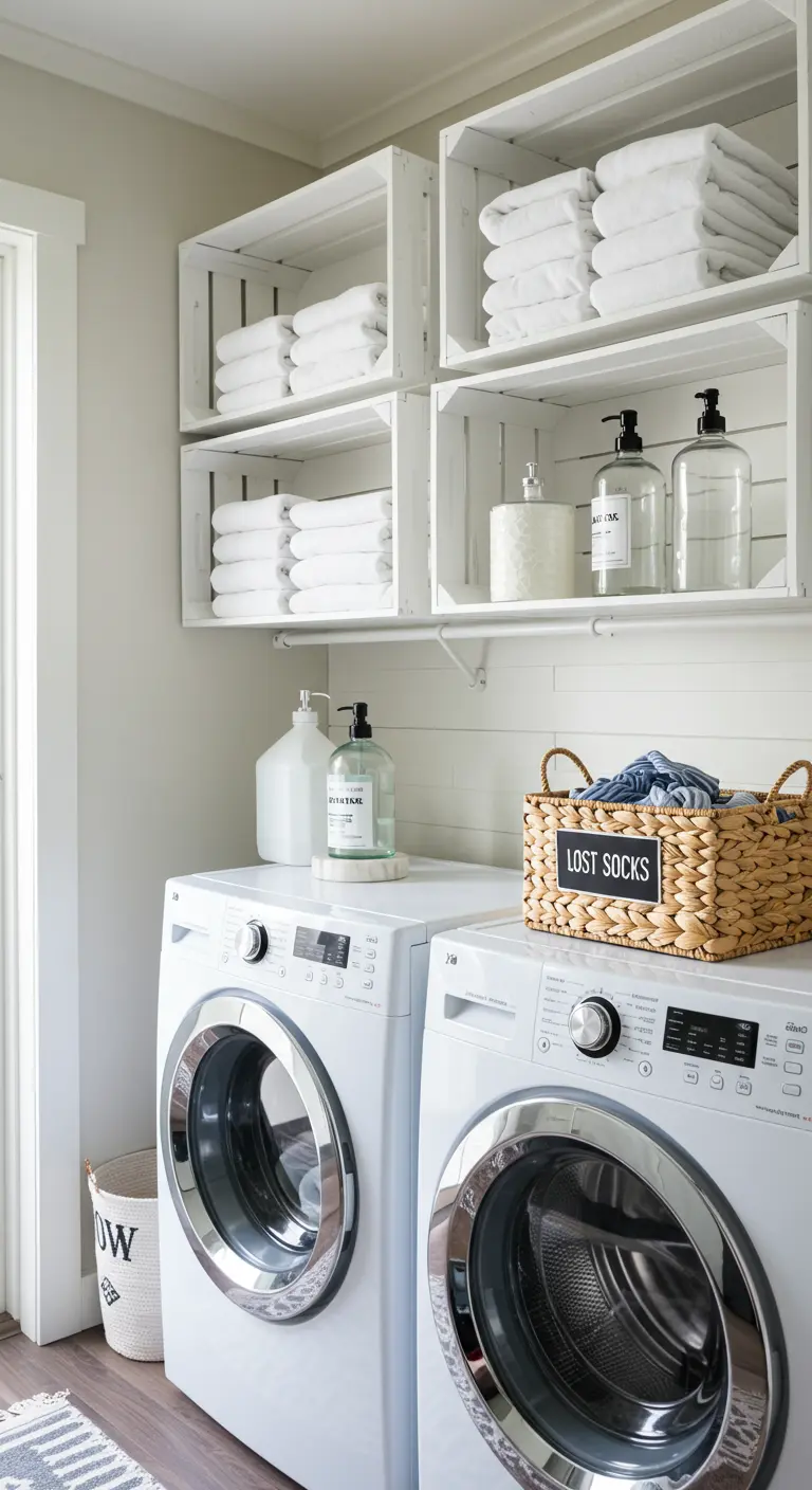 Cajas de madera blancas instaladas sobre lavadora y secadora para organizar productos de limpieza.
