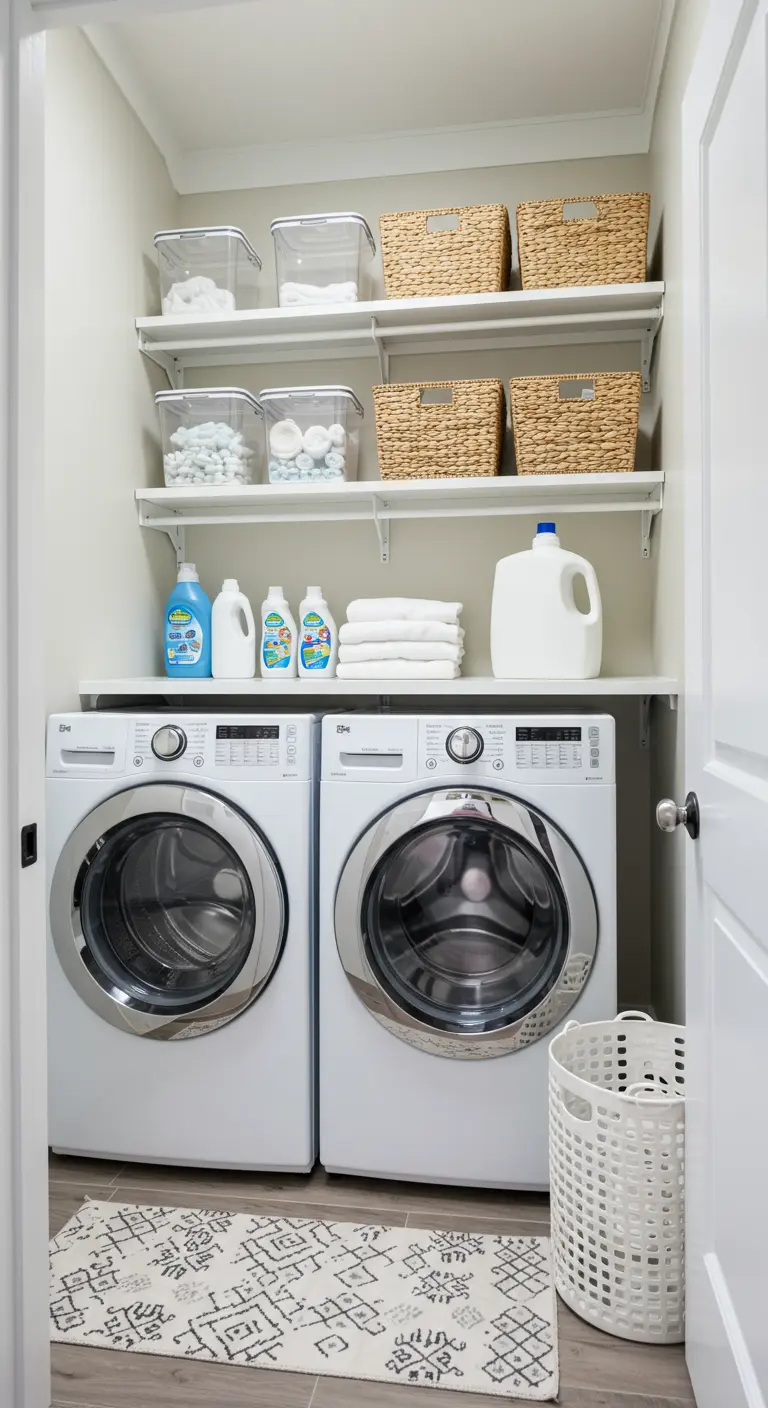 Lavandería con estanterías blancas sobre la lavadora y la secadora con productos y cestas.