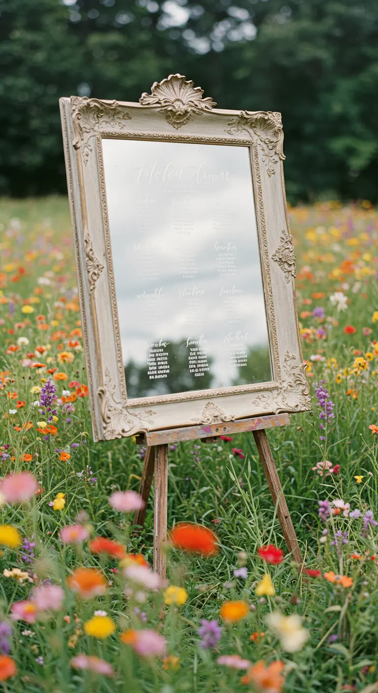 Espejo vintage sobre un caballete en un campo lleno de flores silvestres de colores.