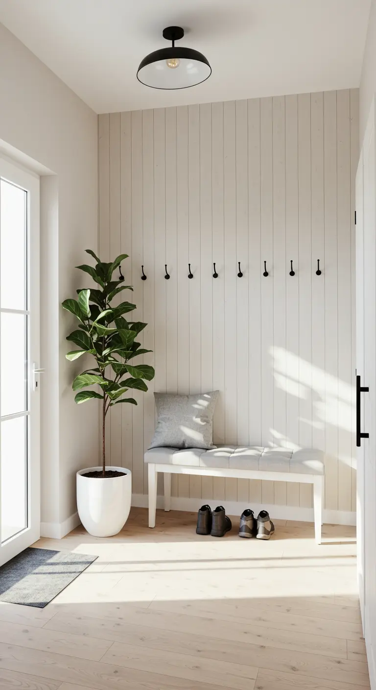 Entrada luminosa con pared de machihembrado blanco, banco, ganchos y una planta alta