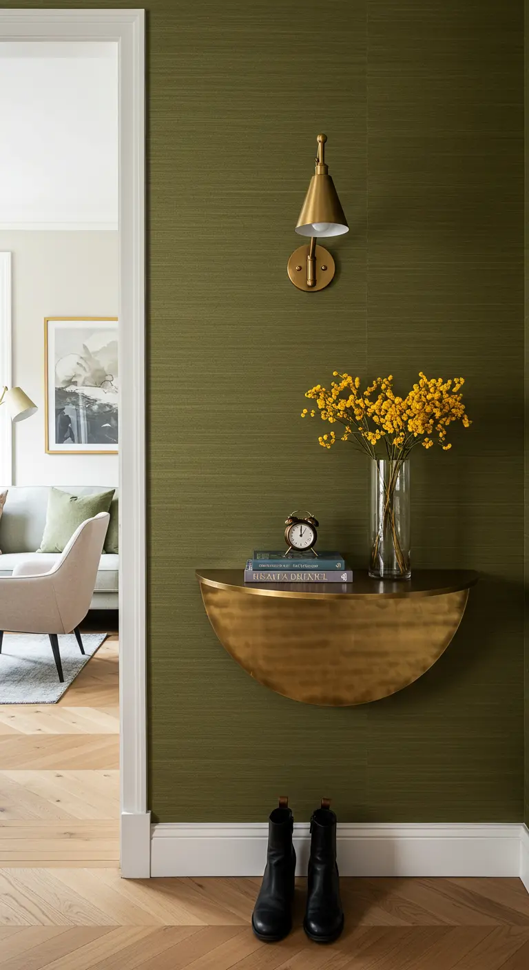 Consola flotante dorada de media luna en una pared verde texturizada.