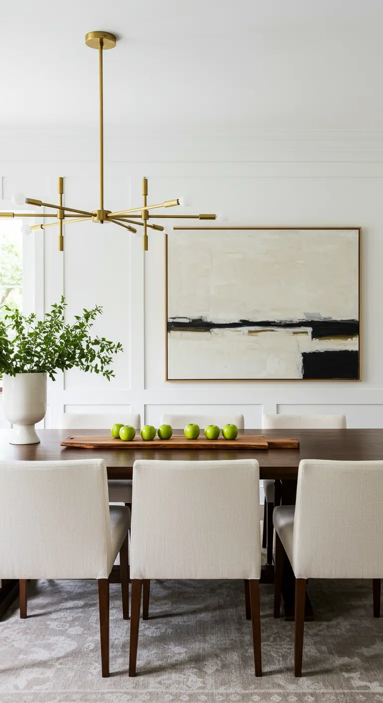 Comedor moderno con una tabla de madera alargada con una fila de manzanas verdes como centro de mesa.