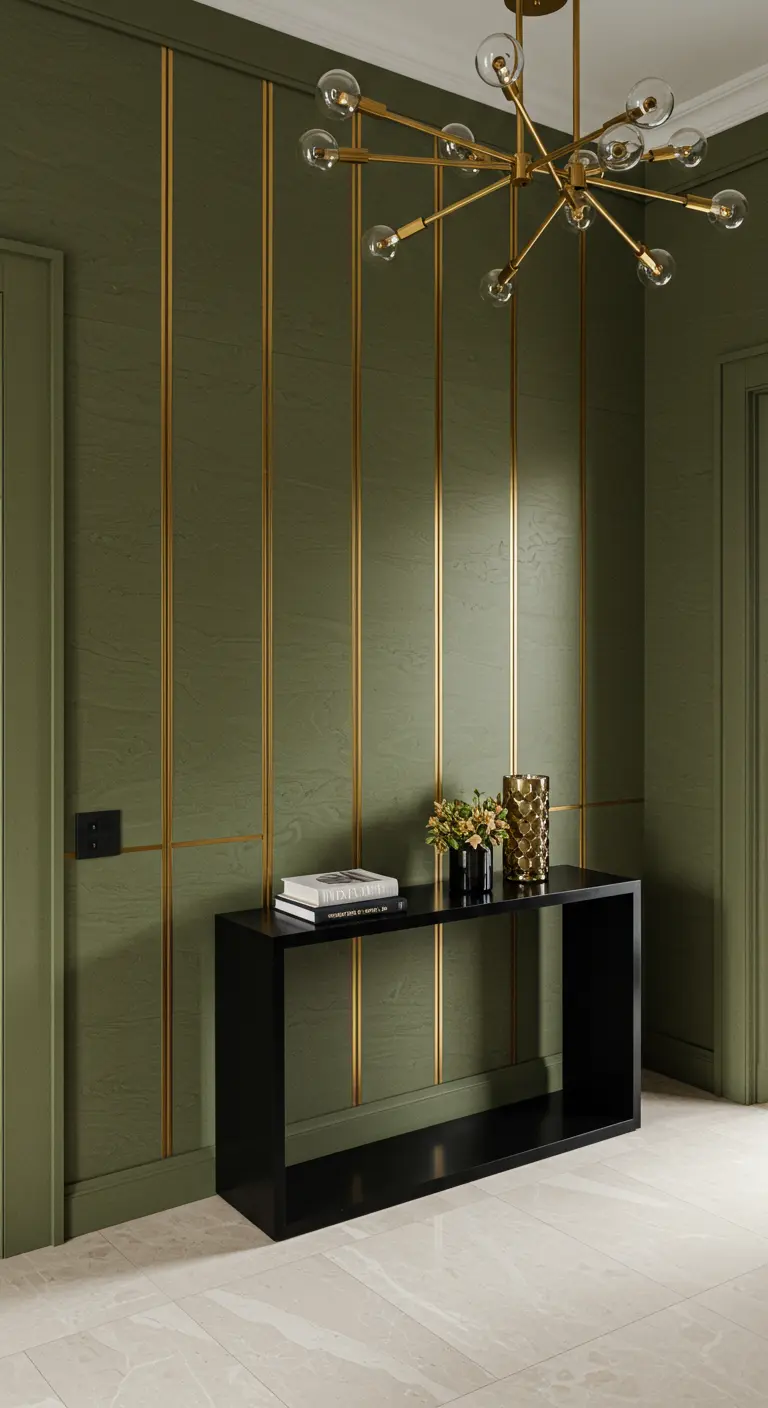 Pared verde olivo con listones verticales dorados decorativos.