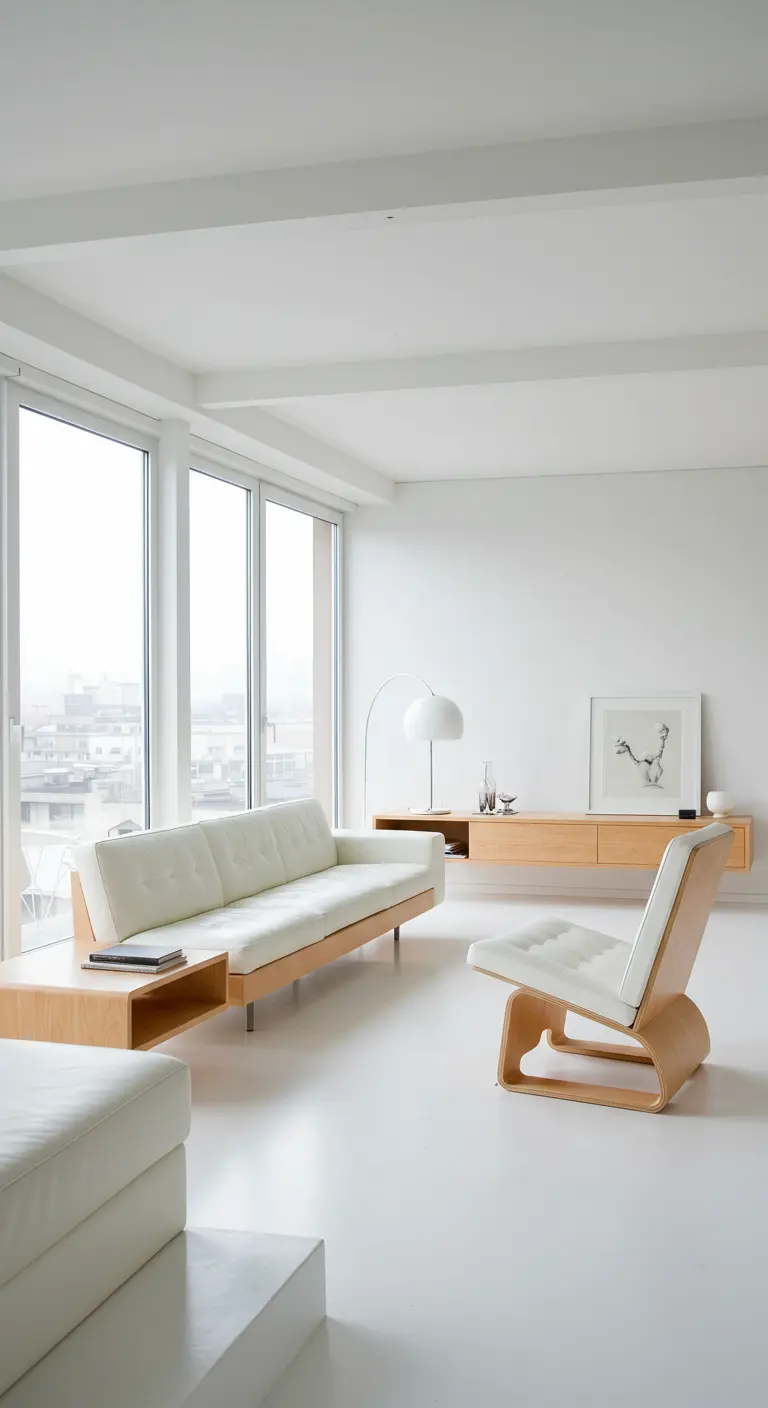 Salón minimalista de estilo mid-century con sofá y sillón de madera clara y tapicería blanca.