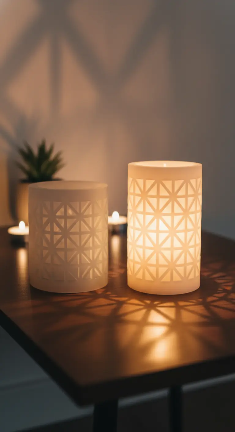 Dos portavelas de cera blanca con patrones geométricos, iluminados desde dentro por velas de té