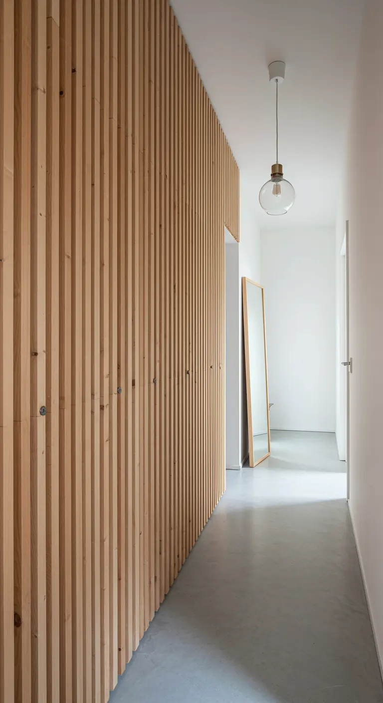 Pasillo con una pared revestida de listones de madera verticales y un espejo de cuerpo entero apoyado.