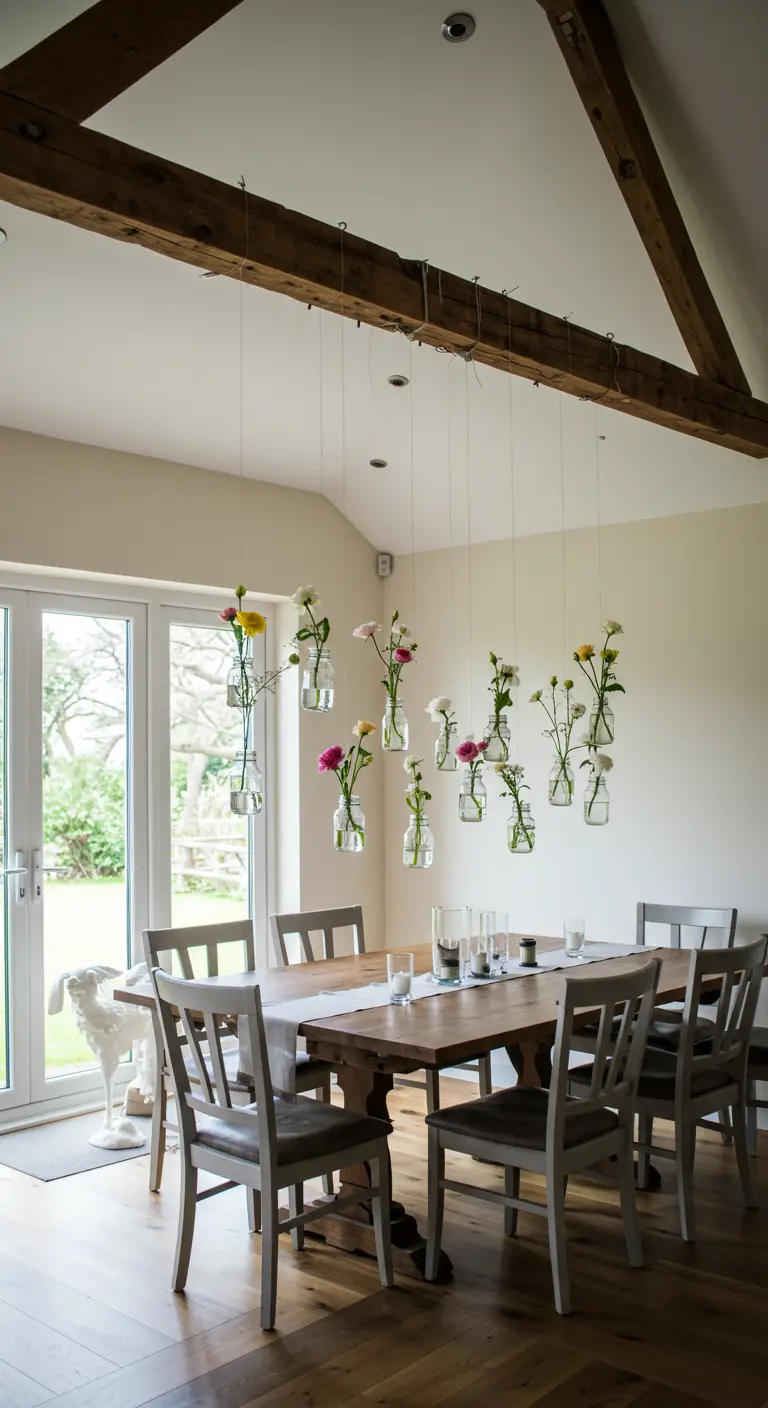Pequeños frascos de vidrio con flores cuelgan a diferentes alturas sobre una mesa de comedor de madera.
