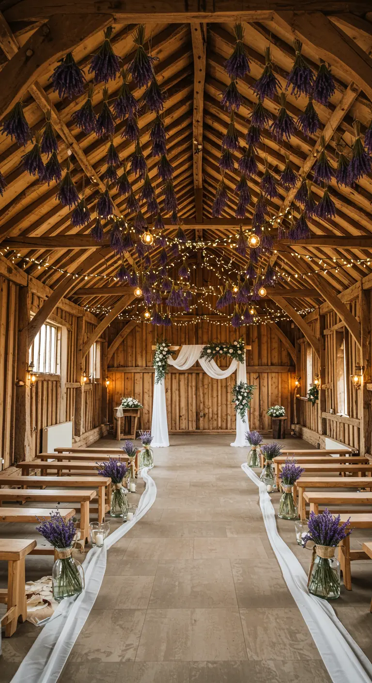 Interior de un granero de madera decorado para una boda con ramos de lavanda colgando del techo.