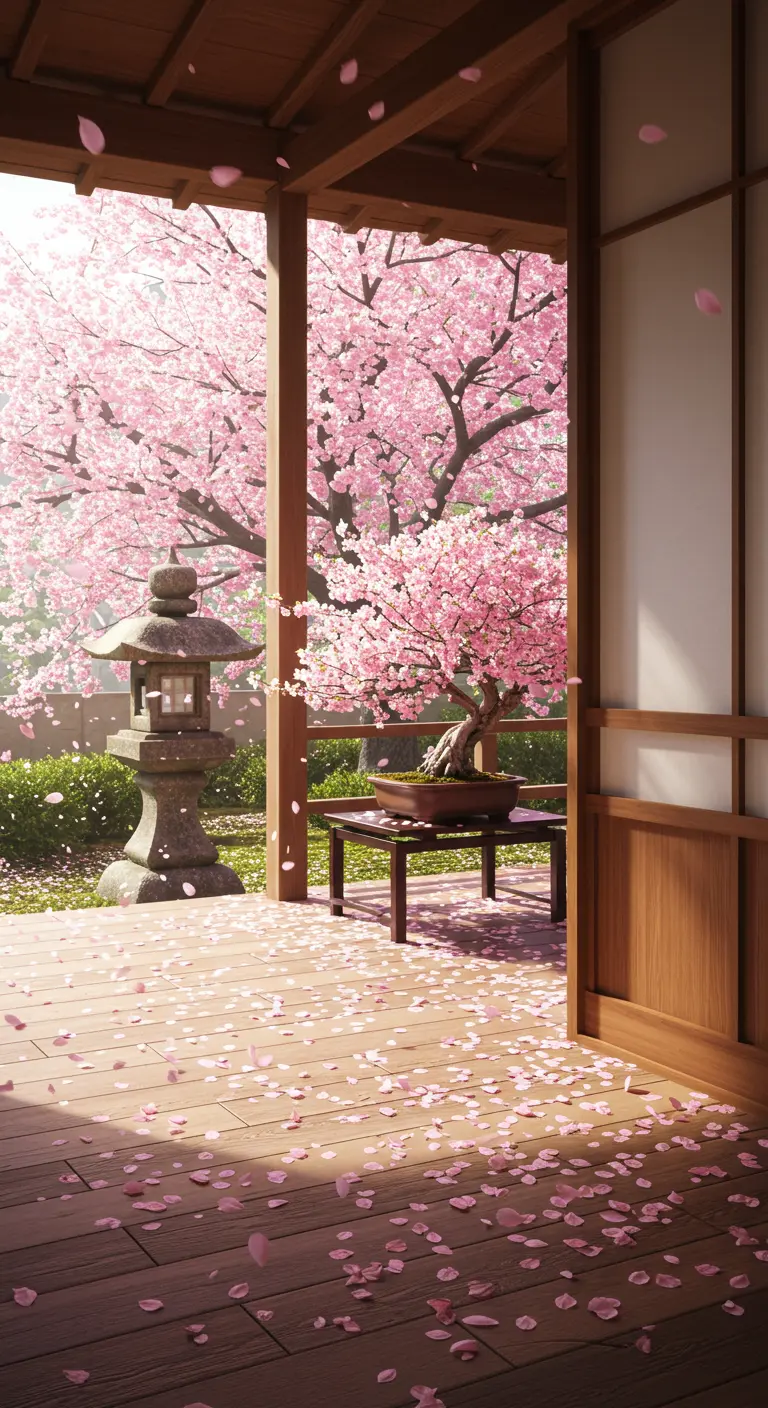 Un porche de madera cubierto de pétalos de cerezo rosa, con un bonsái y una linterna de piedra.