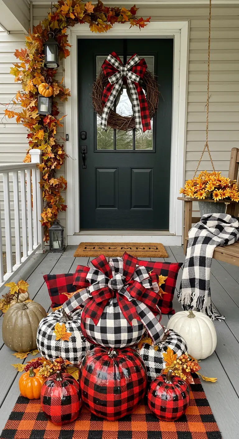 Porche decorado con un tema de cuadros de búfalo en calabazas pintadas, lazos y cojines.