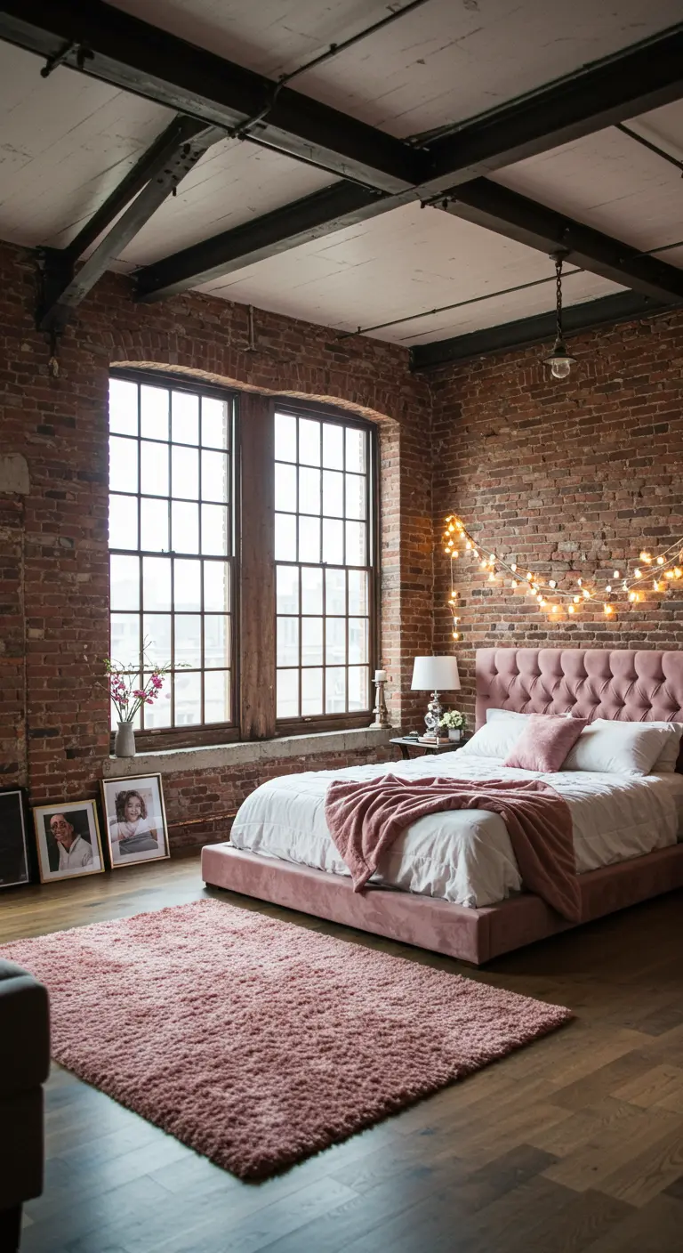 Dormitorio tipo loft con pared de ladrillo visto, cama de terciopelo rosa y guirnaldas de luces.