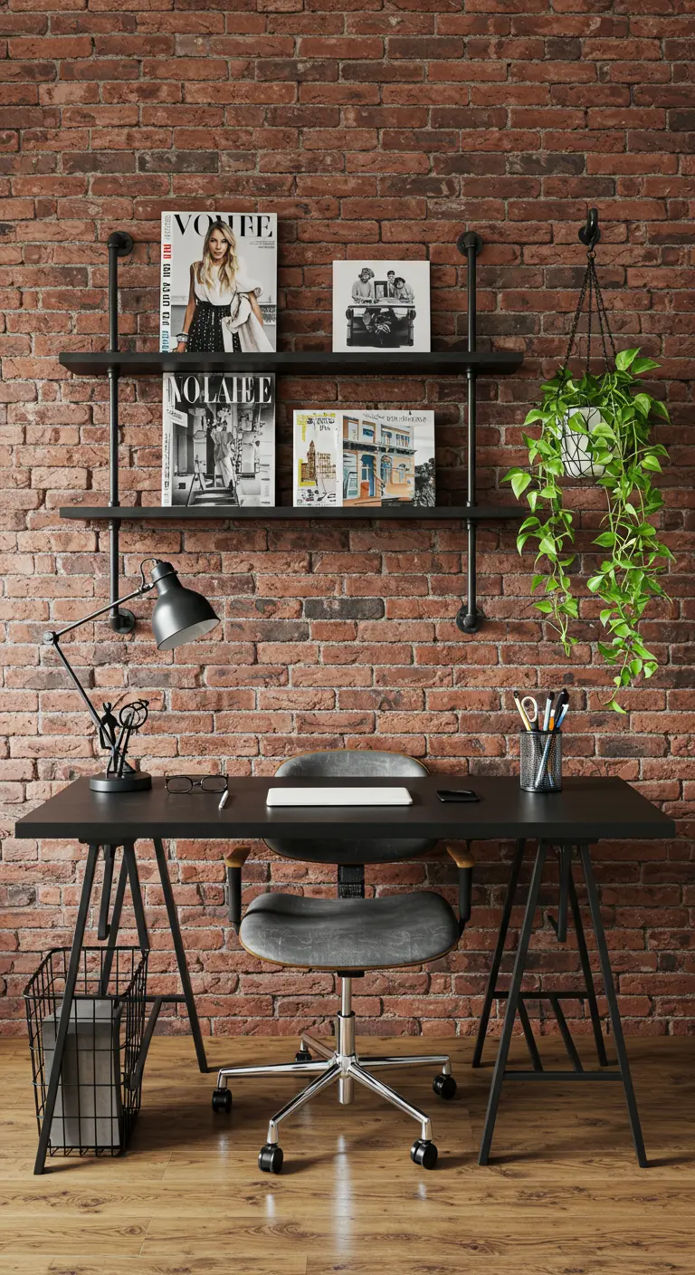 Oficina con pared de ladrillo, estanterías de tuberías negras y escritorio de estilo industrial.
