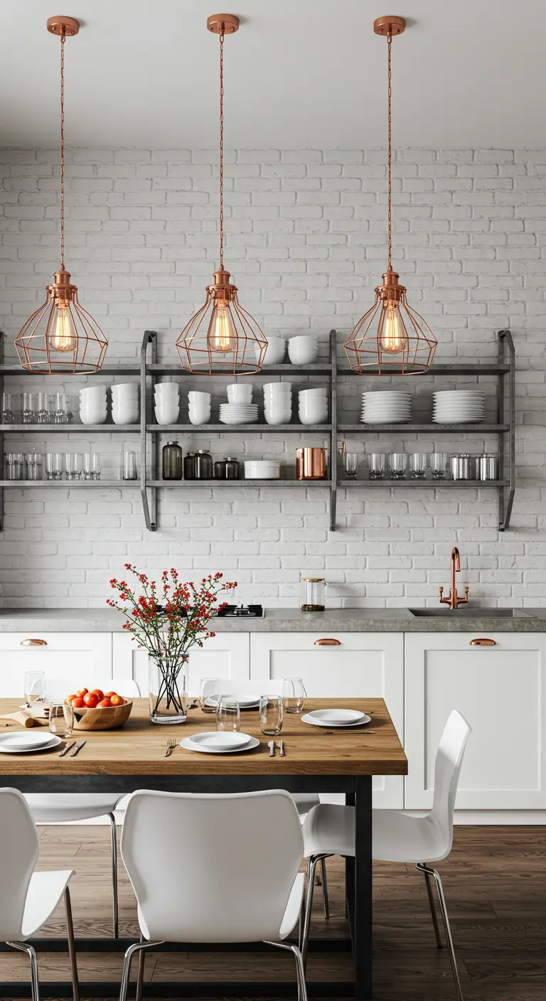 Comedor de cocina con pared de ladrillo blanco, estanterías metálicas y lámparas de cobre