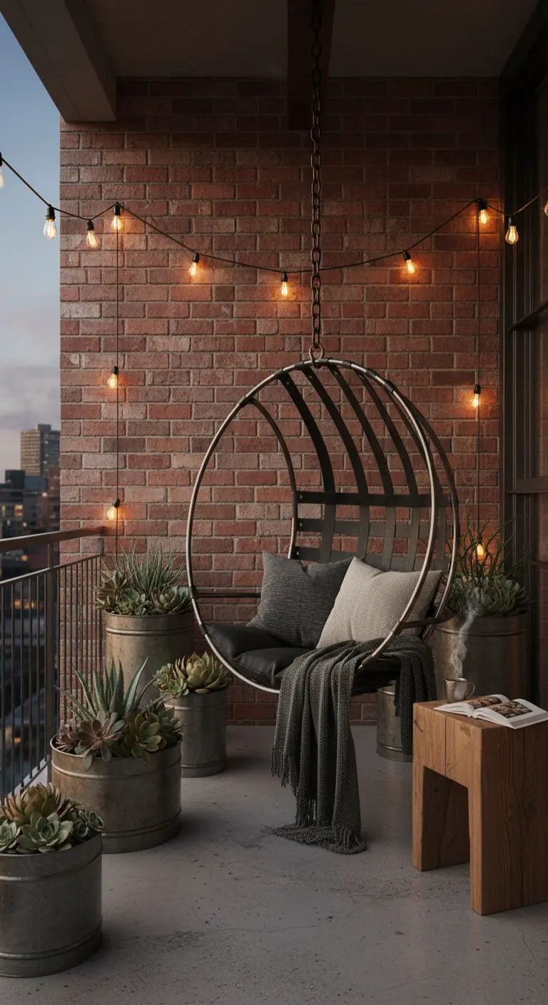Sillón colgante de metal negro en un balcón industrial con pared de ladrillo y luces de bombilla
