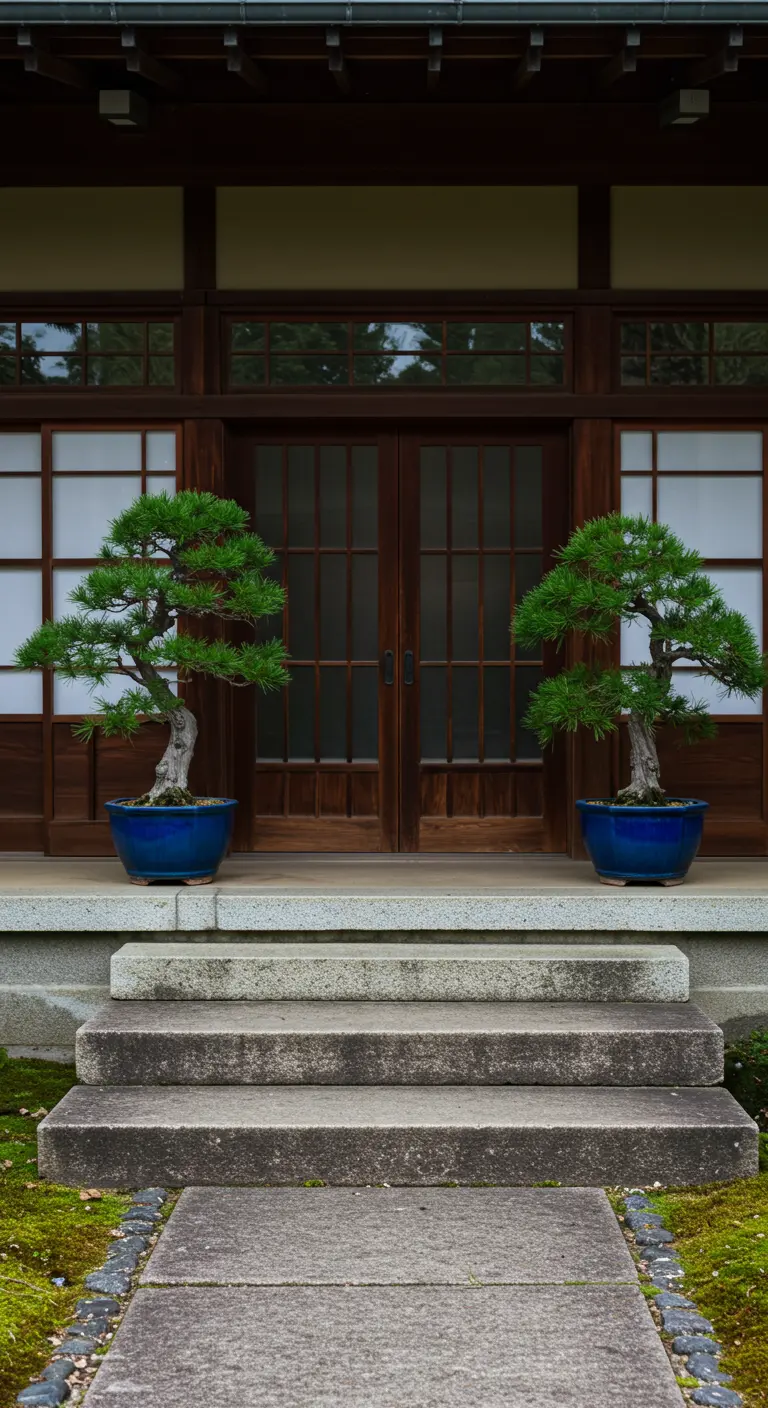 Dos bonsáis de pino idénticos en macetas azules flanqueando los escalones de una entrada de madera.