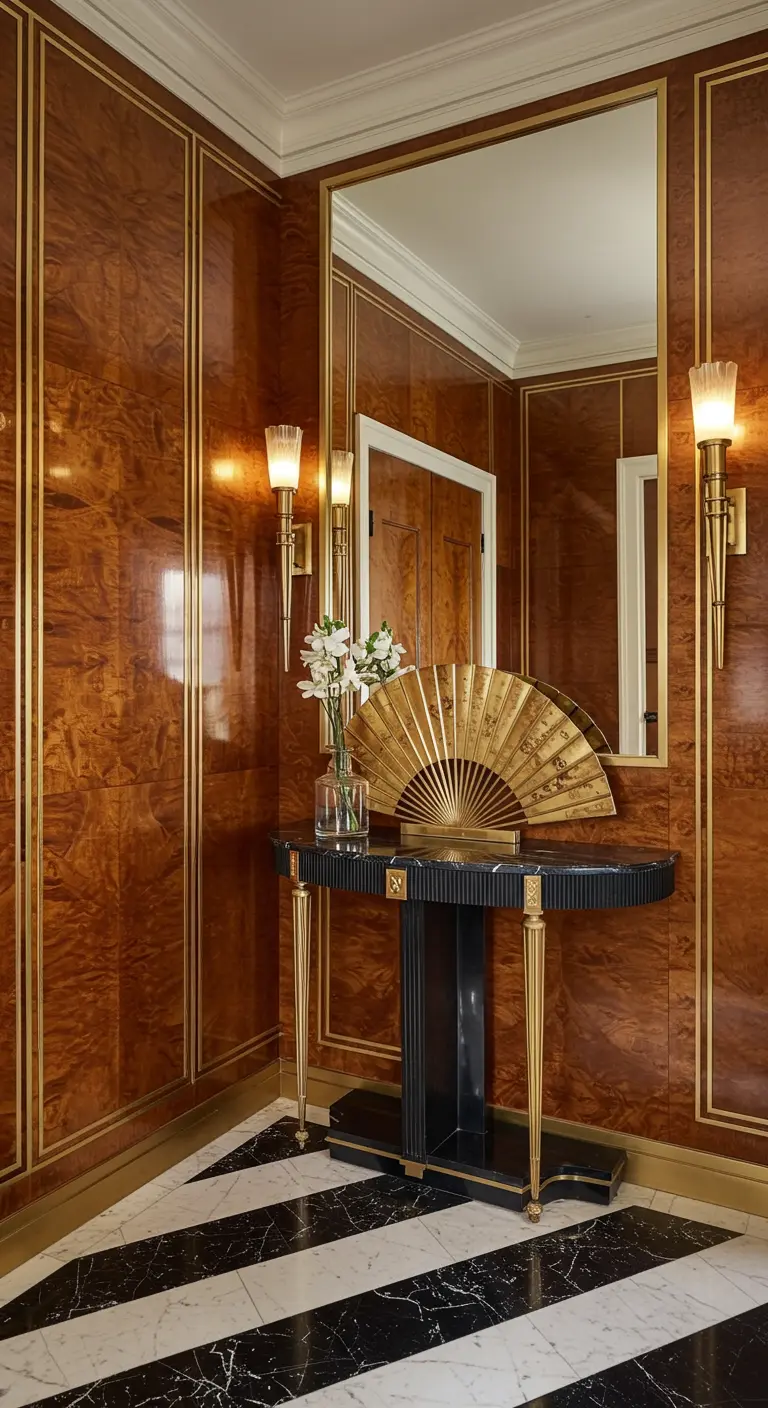 Entrada de lujo estilo Art Déco con paneles de madera de raíz brillante y detalles dorados