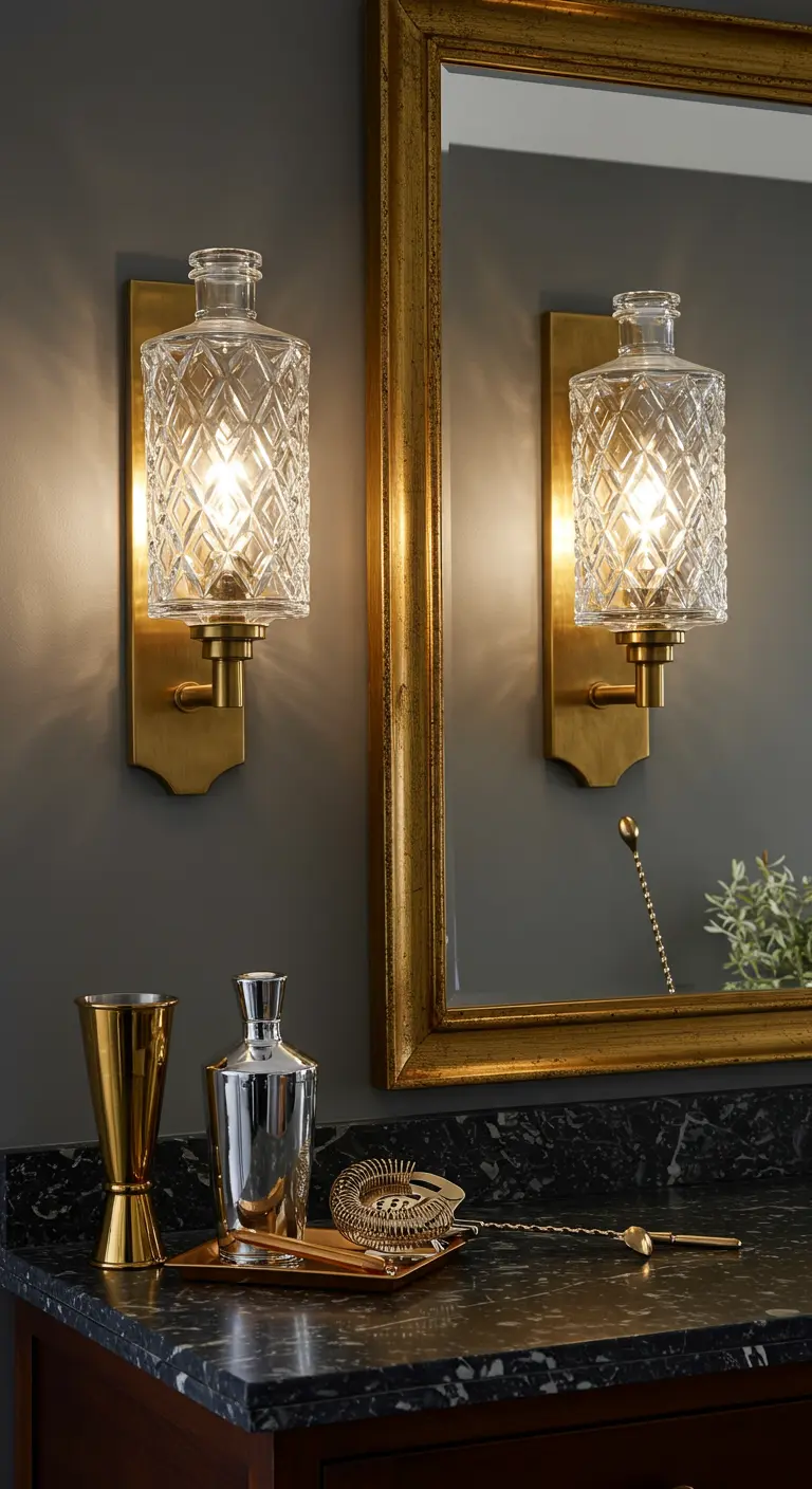 Apliques de baño elegantes hechos con licoreras de cristal tallado y bases doradas.