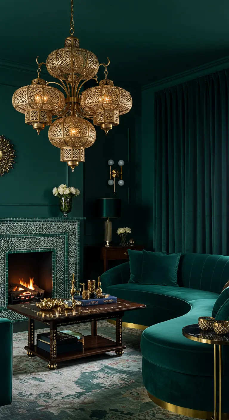 Sala de estar de lujo en tonos verdes oscuros con una gran lámpara de araña de faroles dorados