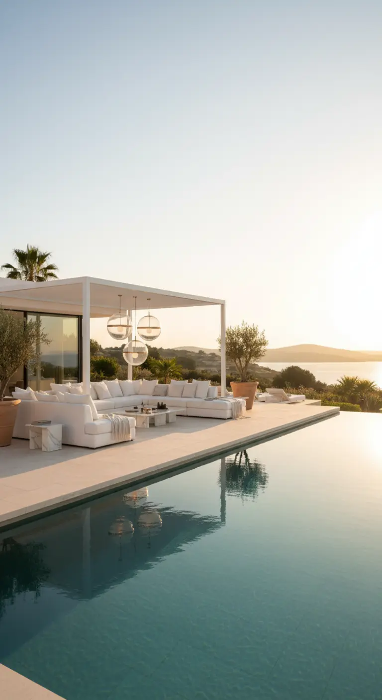 Terraza de lujo junto a una piscina infinita con sofás modulares blancos y lámparas de cristal
