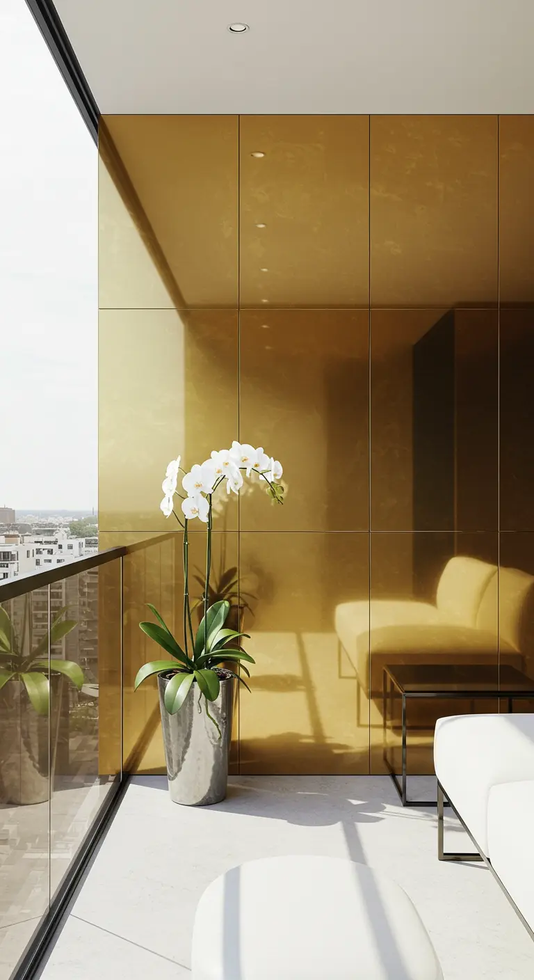 Balcón moderno con una pared cubierta de paneles metálicos dorados reflectantes.